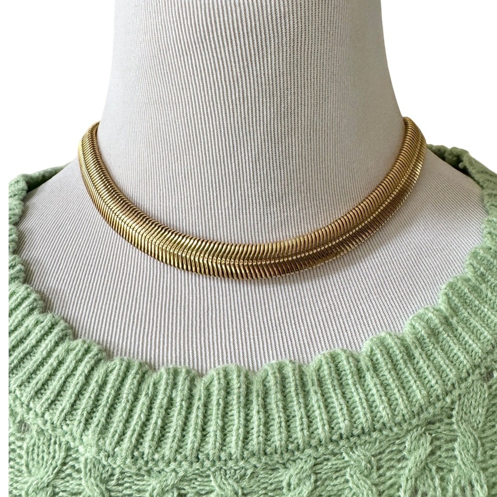 Erwin Pearl Gold Tone Omega Collar Necklace Chevron Textured Vintage 16 Inch - Picture 10 of 10